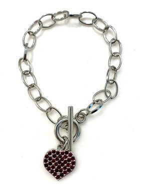 Silver Chain Bracelet with Red Crystal Heart Charm